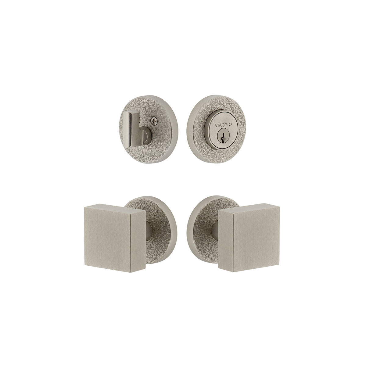 Circolo Leather Rosette Entry Set with Quadrato Knob in Satin Nickel