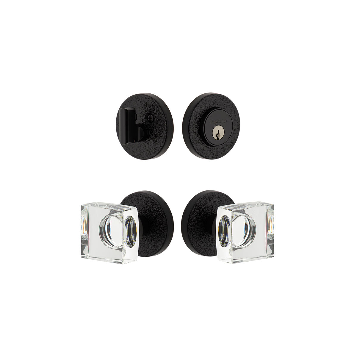 Circolo Leather Rosette Entry Set with Quadrato Crystal Knob in Satin Black