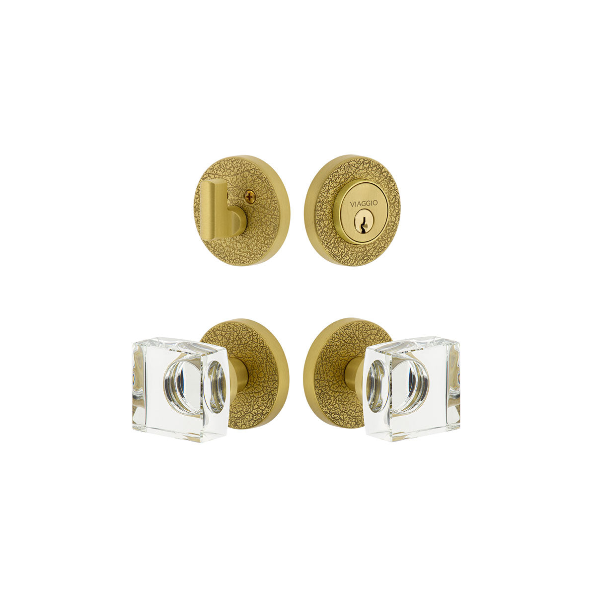 Circolo Leather Rosette Entry Set with Quadrato Crystal Knob in Satin Brass