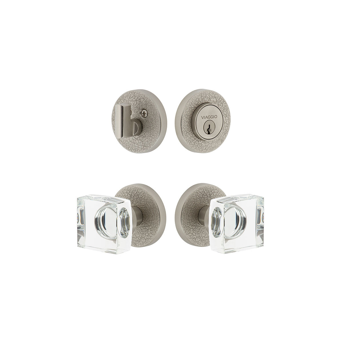 Circolo Leather Rosette Entry Set with Quadrato Crystal Knob in Satin Nickel