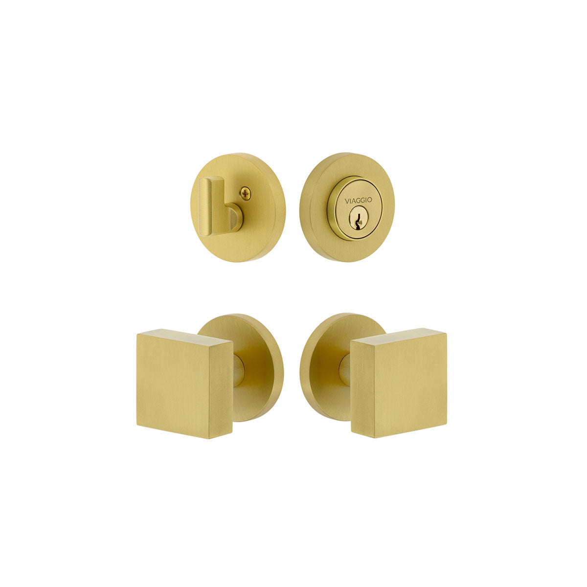 Circolo Rosette Entry Set with Quadrato Knob in Satin Brass