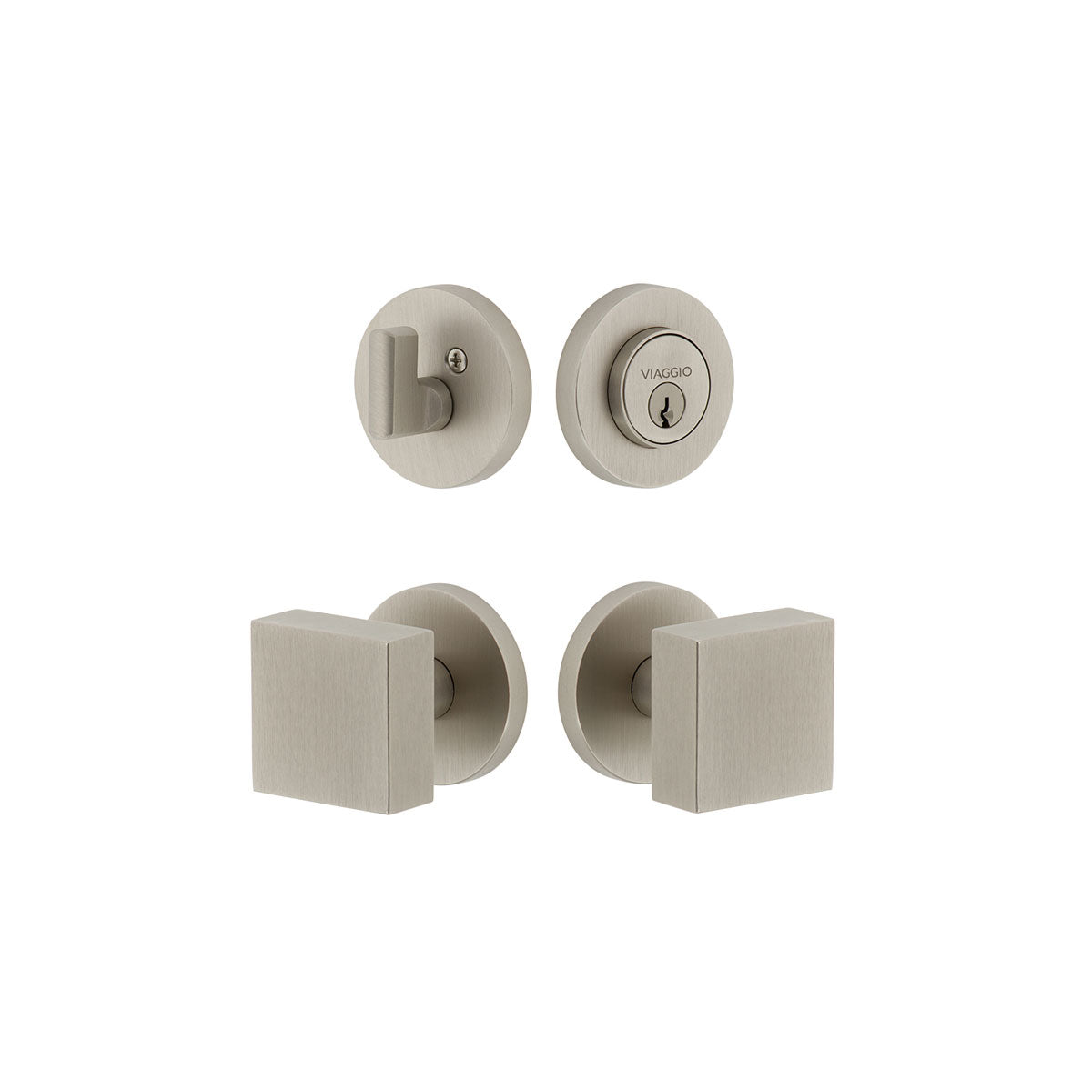 Circolo Rosette Entry Set with Quadrato Knob in Satin Nickel