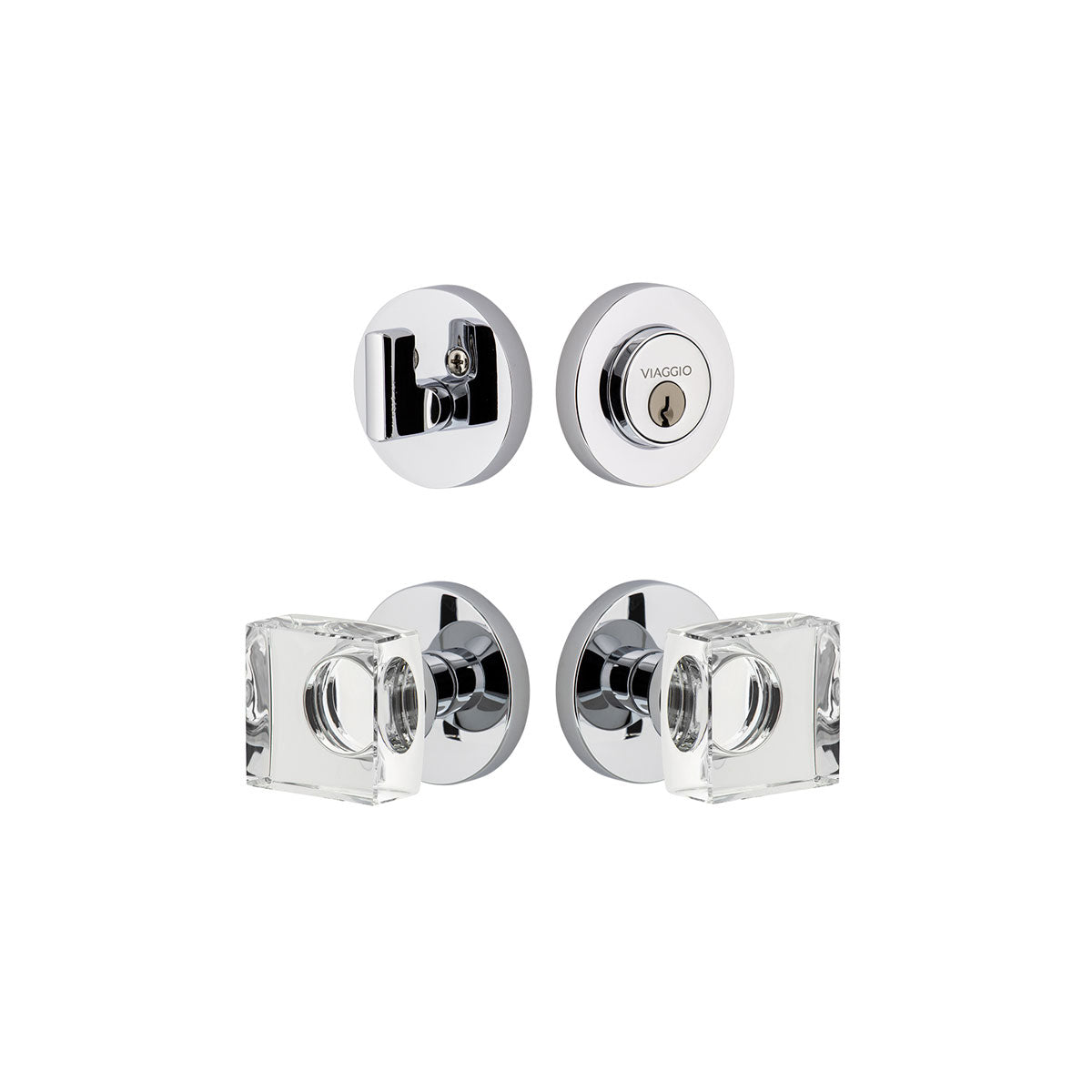 Circolo Rosette Entry Set with Quadrato Crystal Knob in Bright Chrome