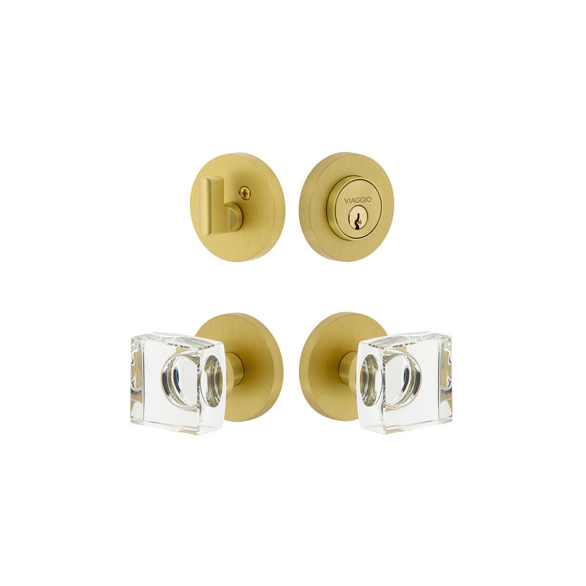 Circolo Rosette Entry Set with Quadrato Crystal Knob in Satin Brass