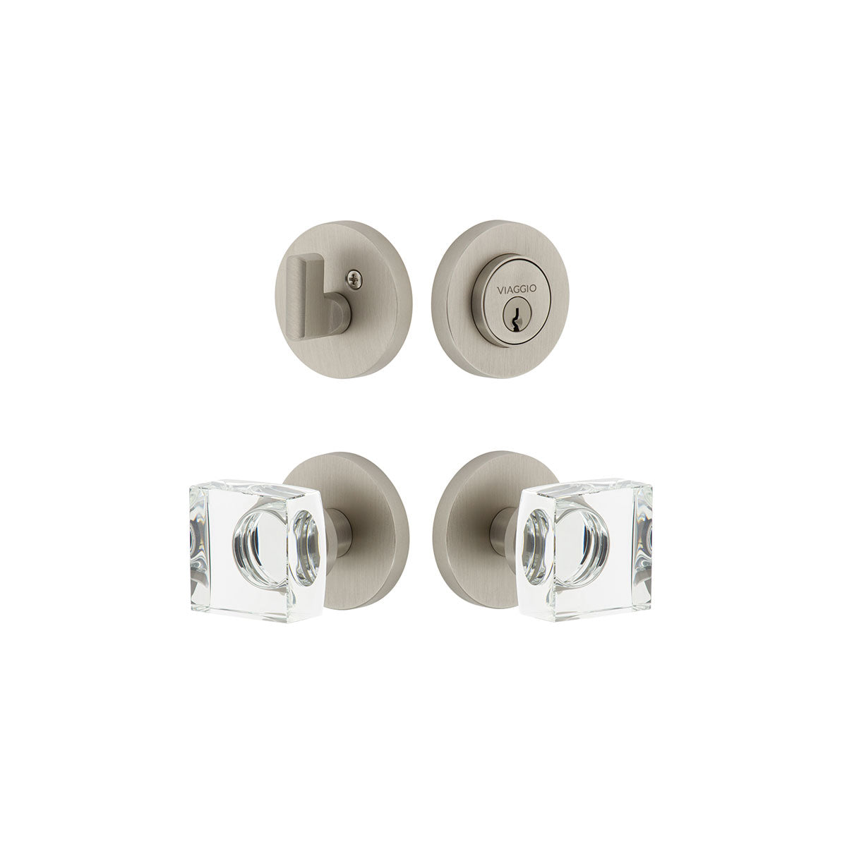 Circolo Rosette Entry Set with Quadrato Crystal Knob in Satin Nickel