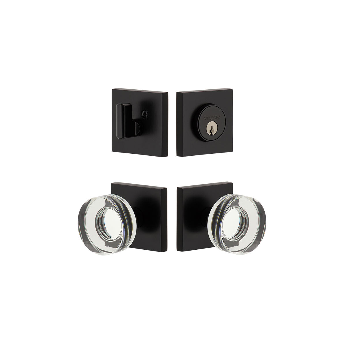 Quadrato Rosette Entry Set with Circolo Crystal Knob in Satin Black