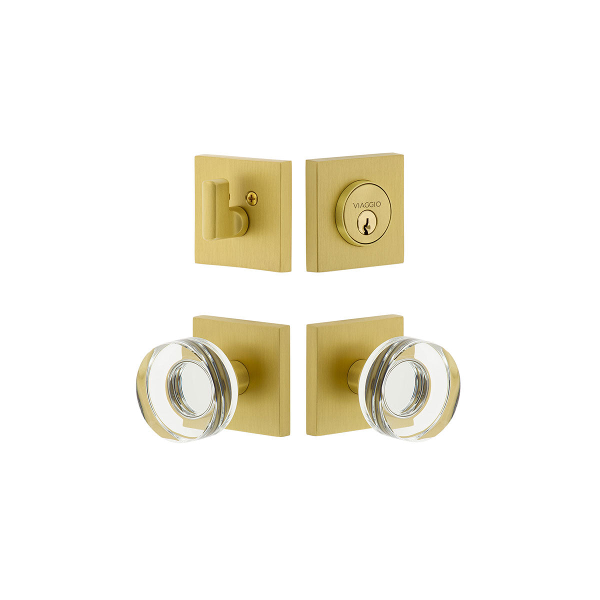 Quadrato Rosette Entry Set with Circolo Crystal Knob in Satin Brass