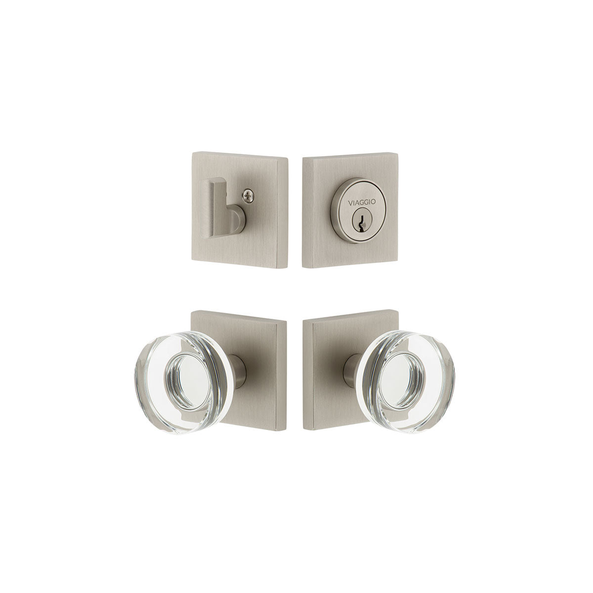 Quadrato Rosette Entry Set with Circolo Crystal Knob in Satin Nickel