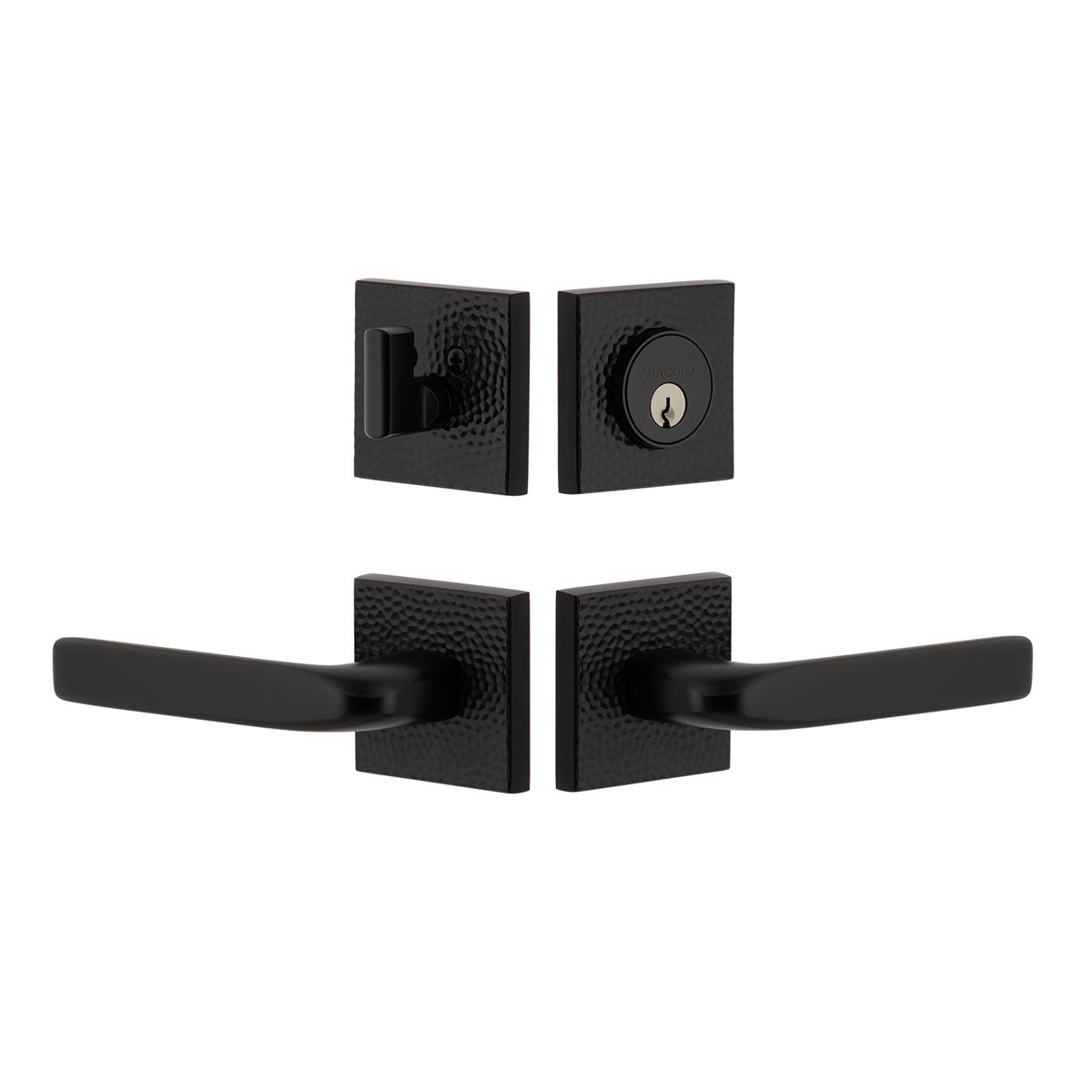 Quadrato Hammered Rosette Entry Set with Bella Lever in Satin Black