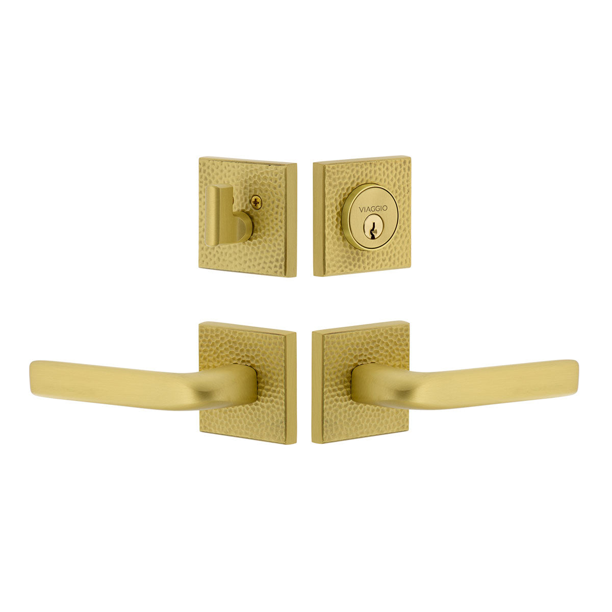 Quadrato Hammered Rosette Entry Set with Bella Lever in Satin Brass