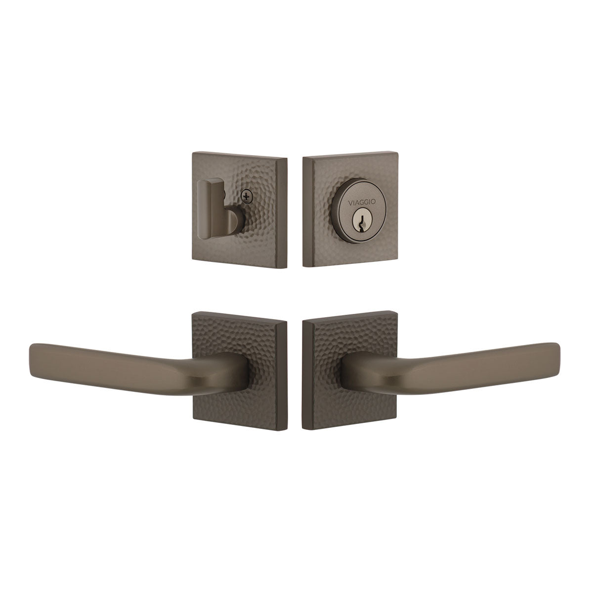 Quadrato Hammered Rosette Entry Set with Bella Lever in Titanium Gray