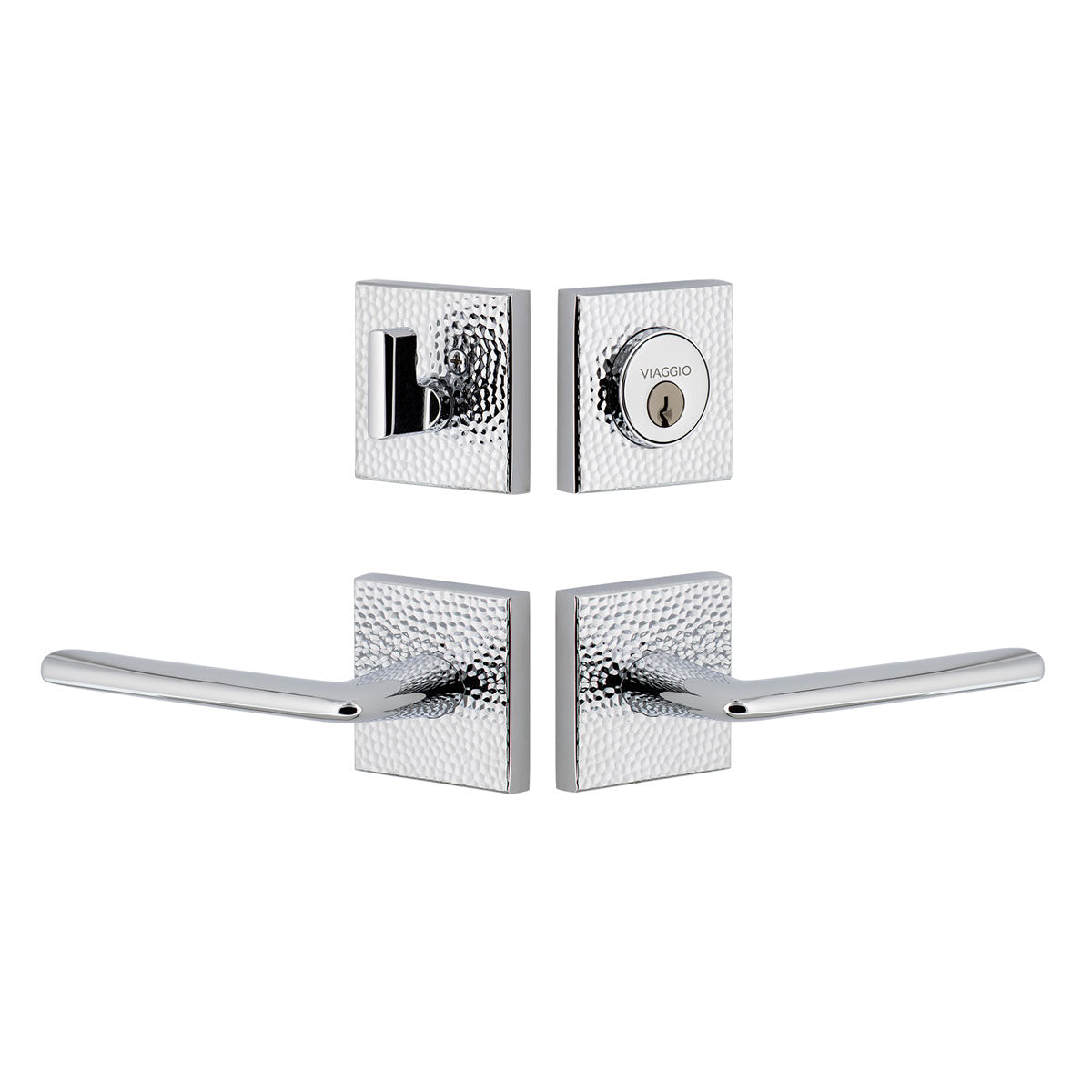 Quadrato Hammered Rosette Entry Set with Brezza Lever in Bright Chrome