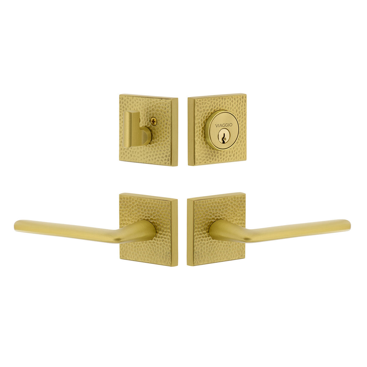 Quadrato Hammered Rosette Entry Set with Brezza Lever in Satin Brass