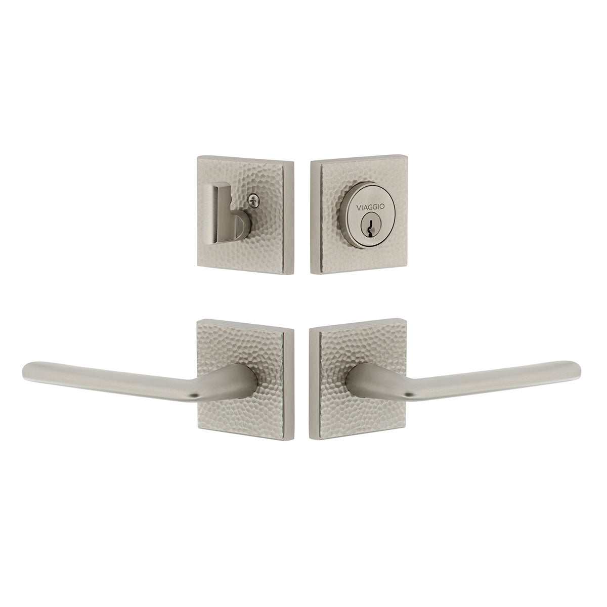 Quadrato Hammered Rosette Entry Set with Brezza Lever in Satin Nickel