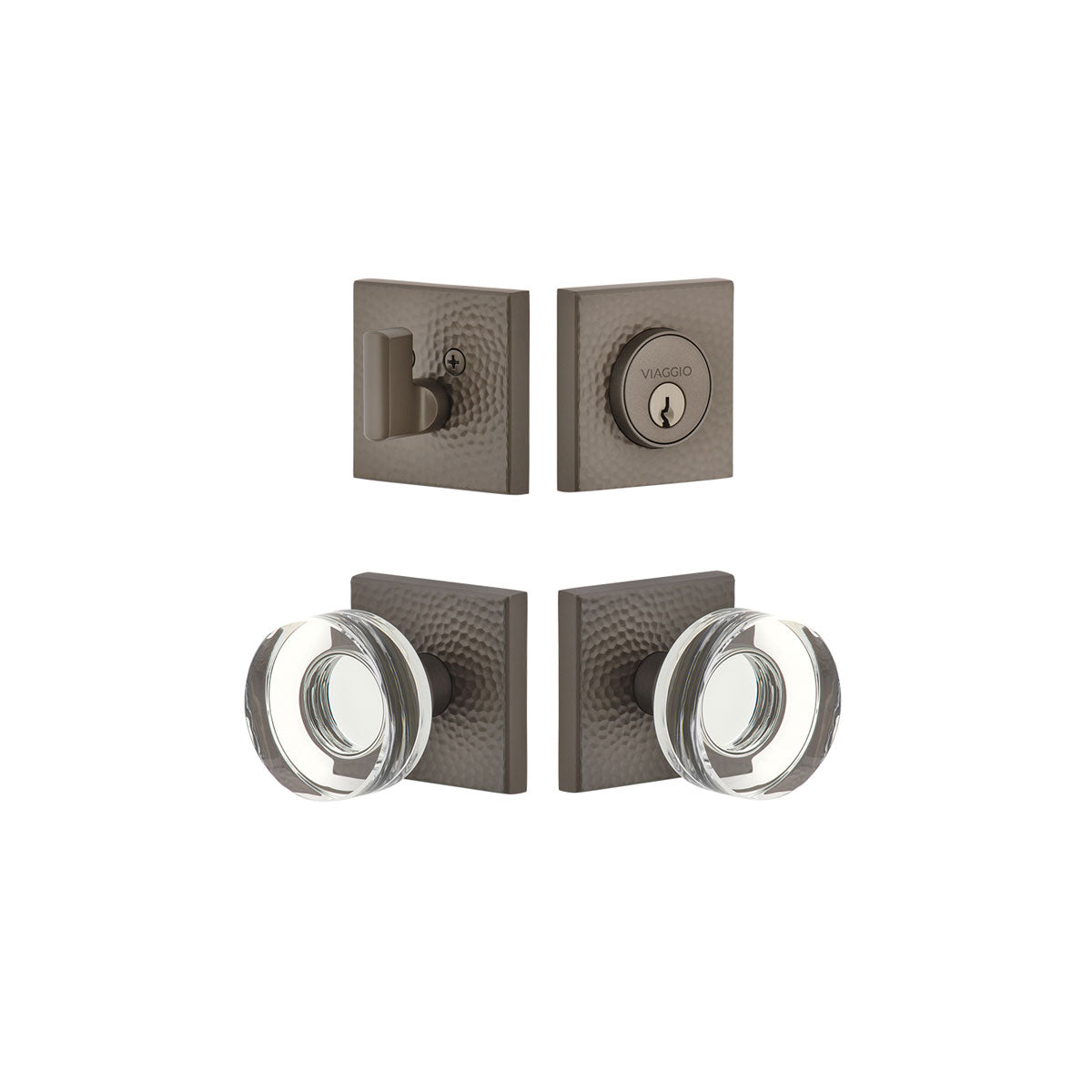 Quadrato Hammered Rosette Entry Set with Circolo Crystal Knob in Titanium Gray