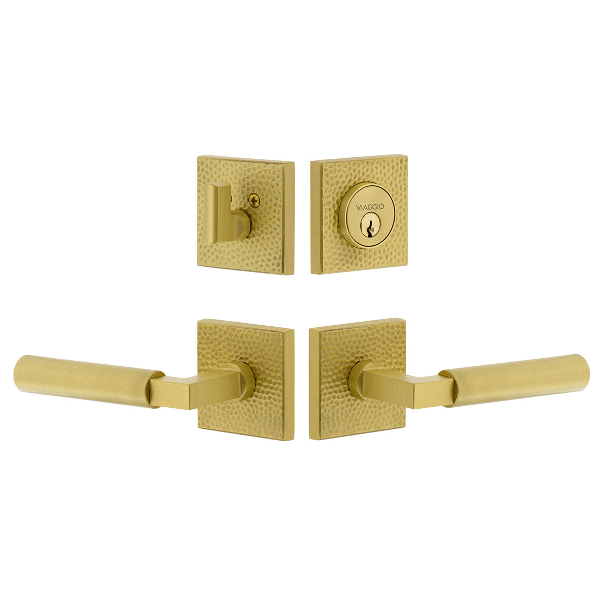 Quadrato Hammered Rosette Entry Set with Contempo Lever in Satin Brass