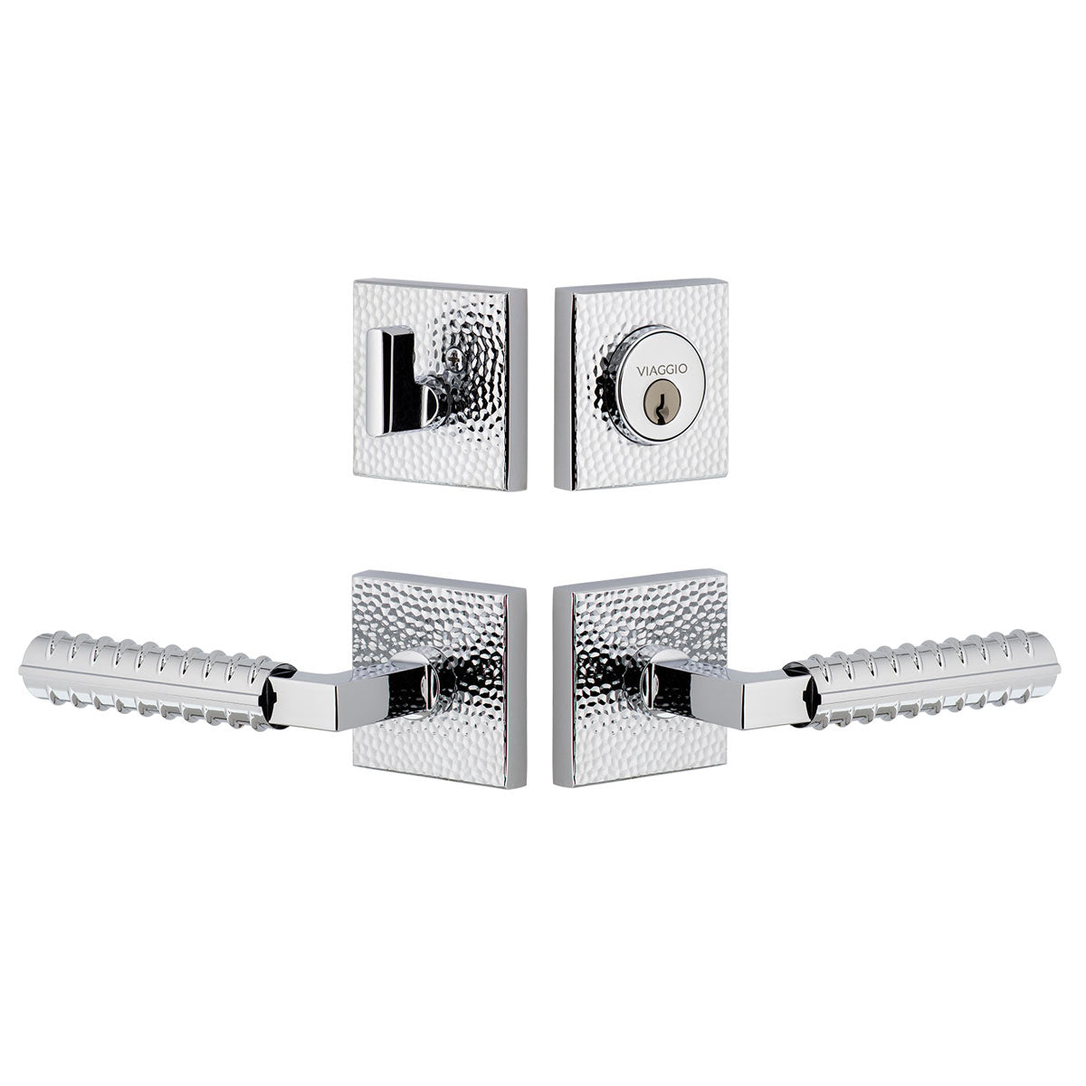 Quadrato Hammered Rosette Entry Set with Contempo Rebar Lever in Bright Chrome