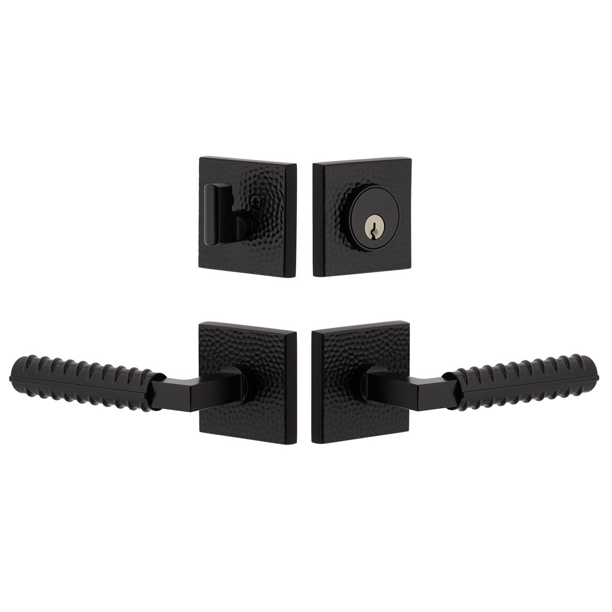 Quadrato Hammered Rosette Entry Set with Contempo Rebar Lever in Satin Black