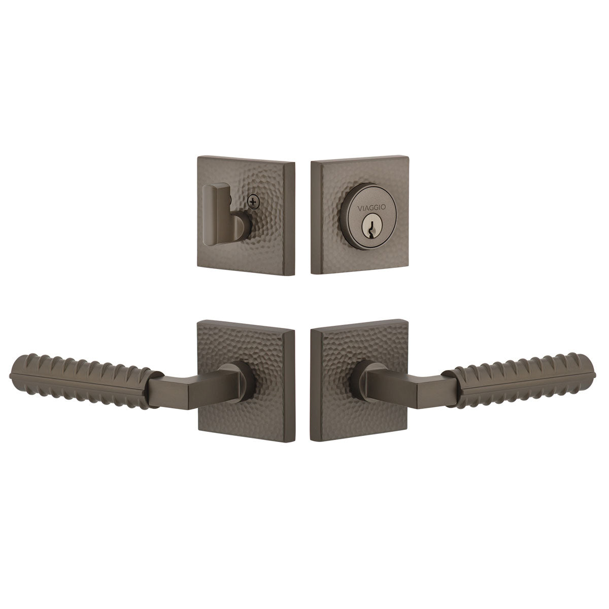 Quadrato Hammered Rosette Entry Set with Contempo Rebar Lever in Titanium Gray