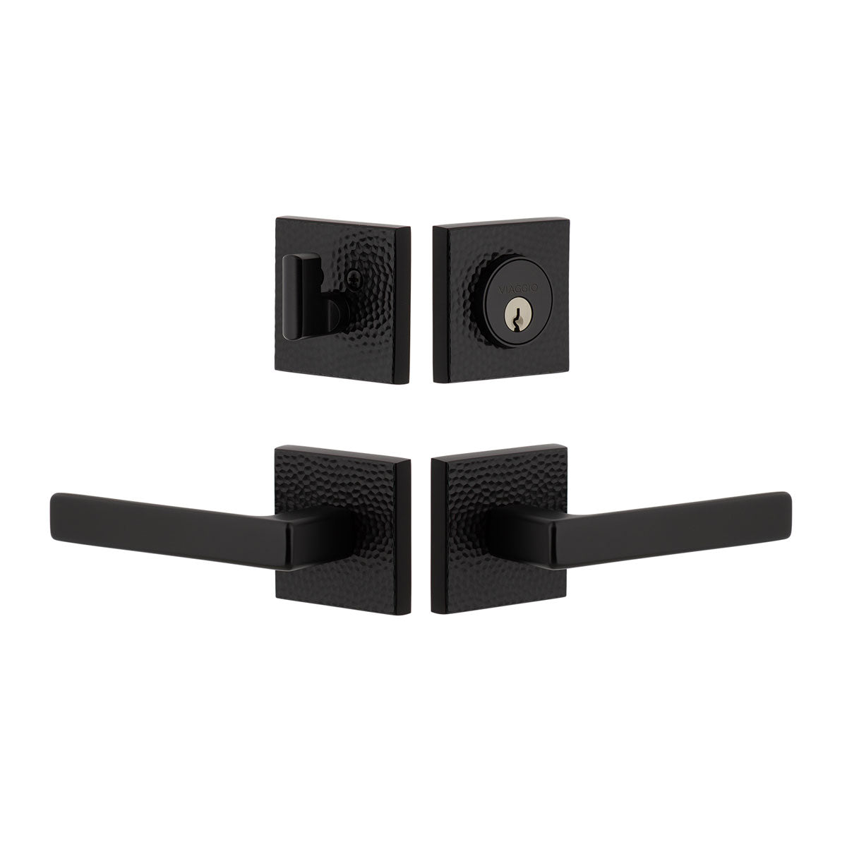 Quadrato Hammered Rosette Entry Set with Lusso Lever in Satin Black