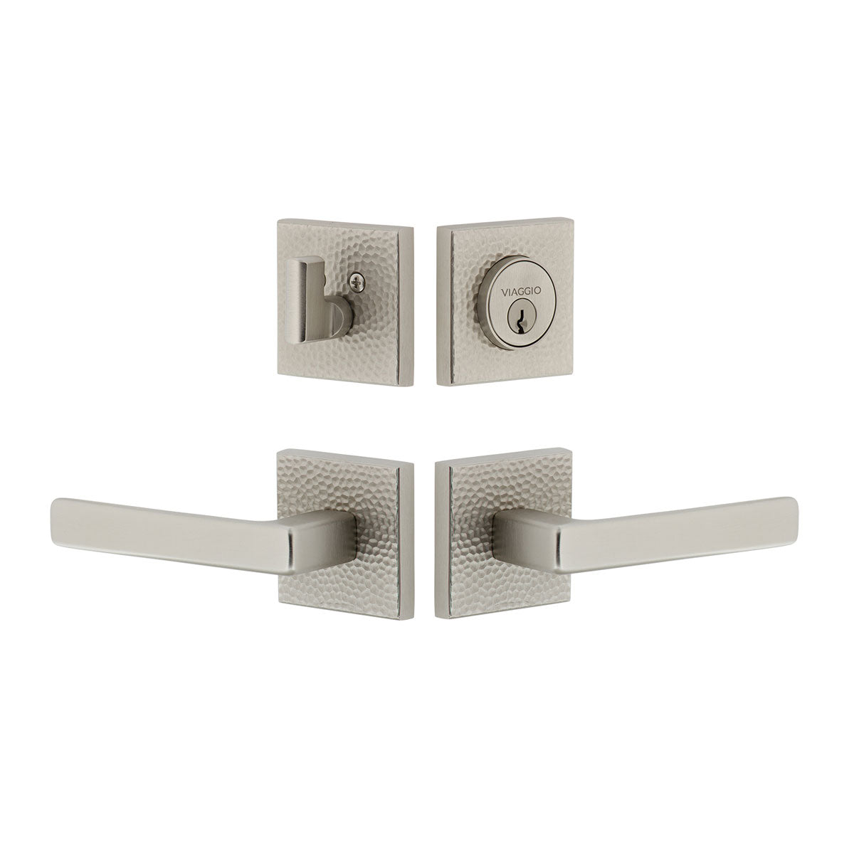 Quadrato Hammered Rosette Entry Set with Lusso Lever in Satin Nickel