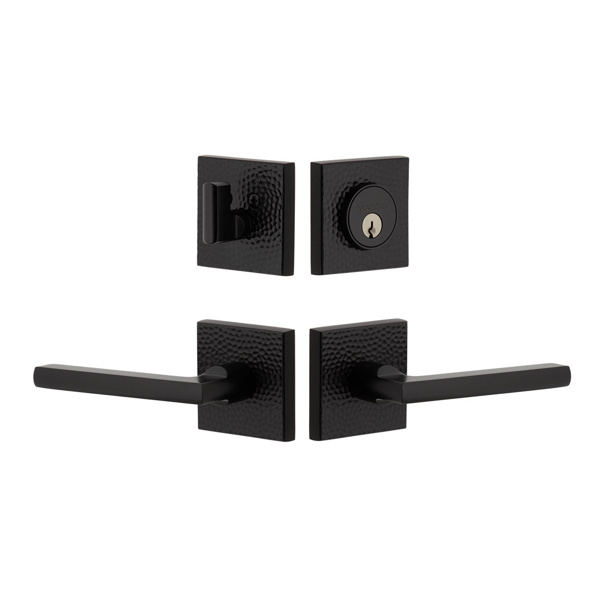 Quadrato Hammered Rosette Entry Set with Milano Lever in Satin Black