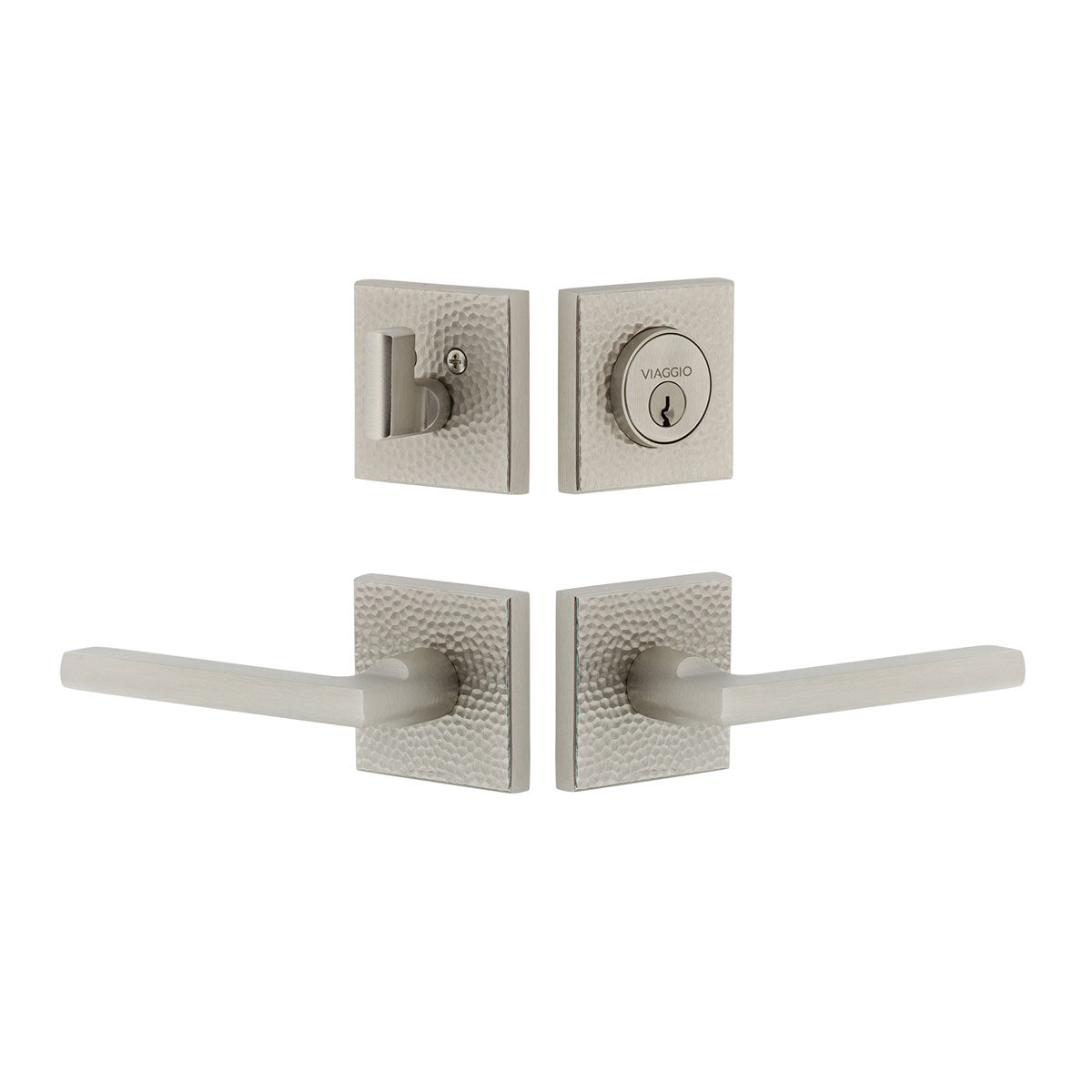 Quadrato Hammered Rosette Entry Set with Milano Lever in Satin Nickel