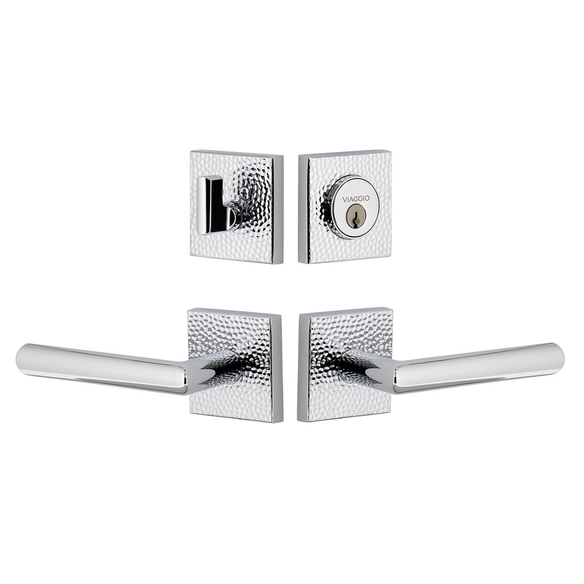 Quadrato Hammered Rosette Entry Set with Moderno Lever in Bright Chrome