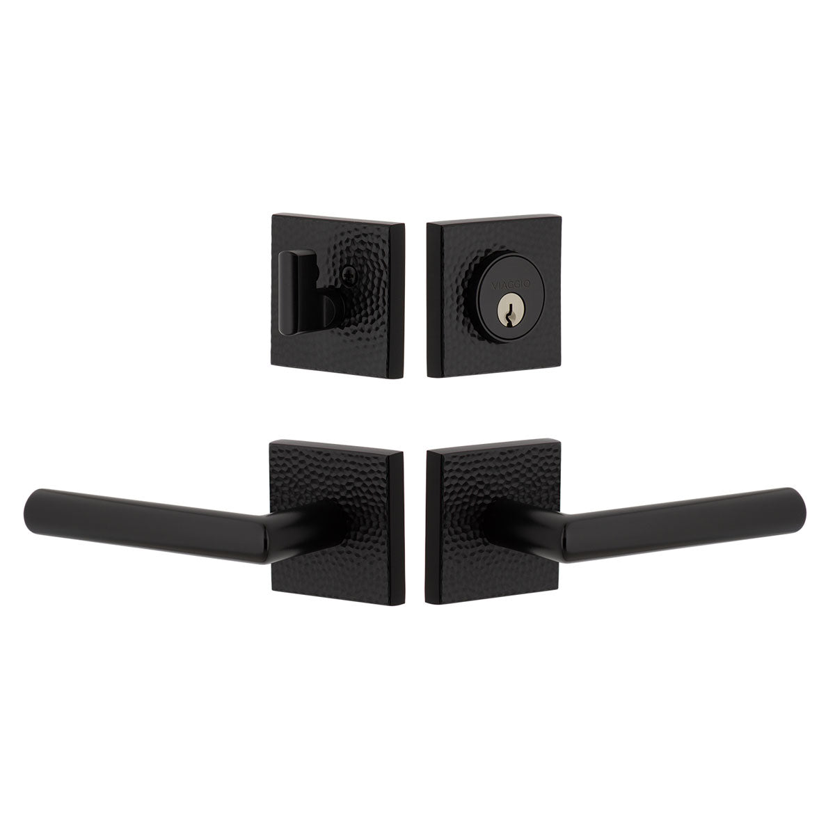 Quadrato Hammered Rosette Entry Set with Moderno Lever in Satin Black