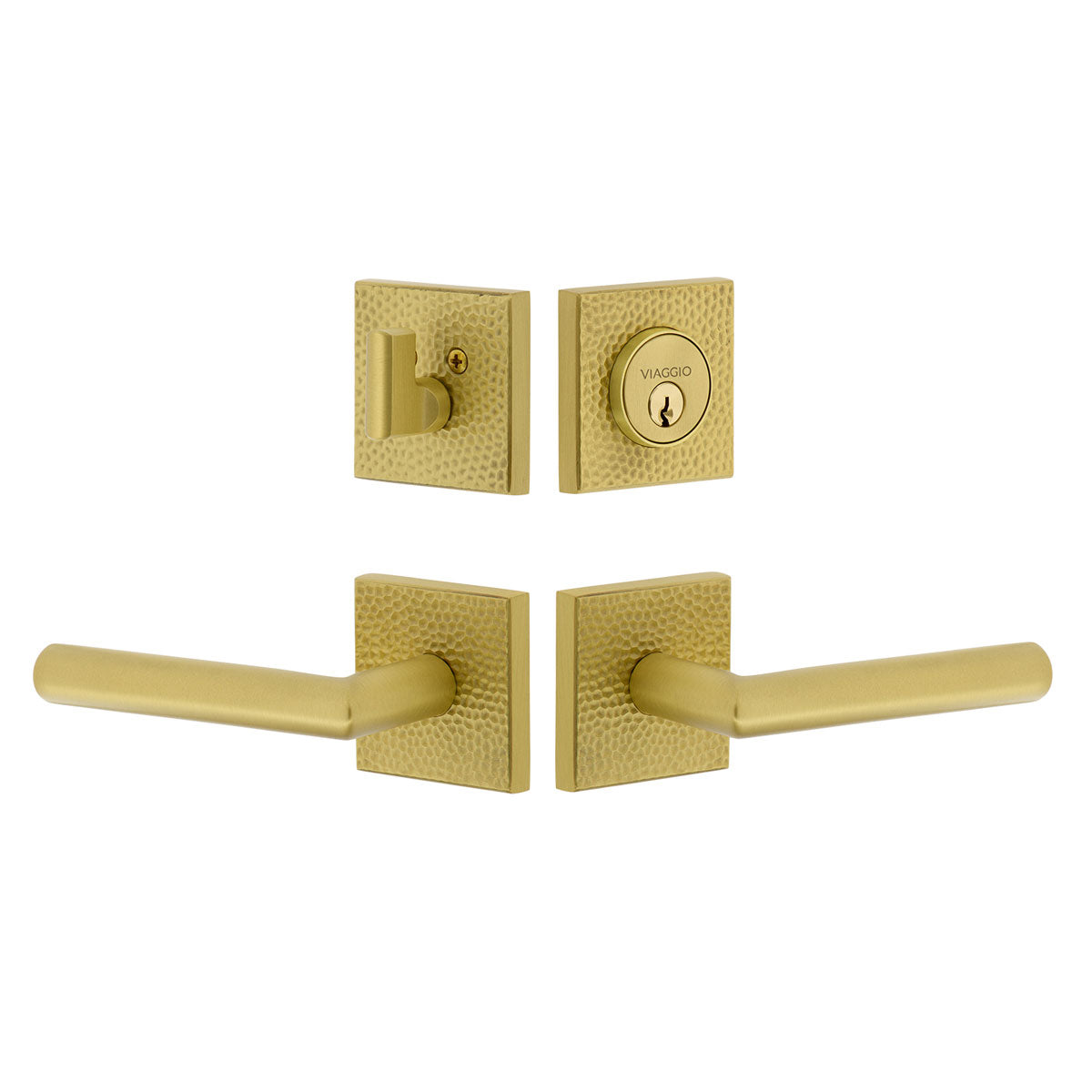 Quadrato Hammered Rosette Entry Set with Moderno Lever in Satin Brass