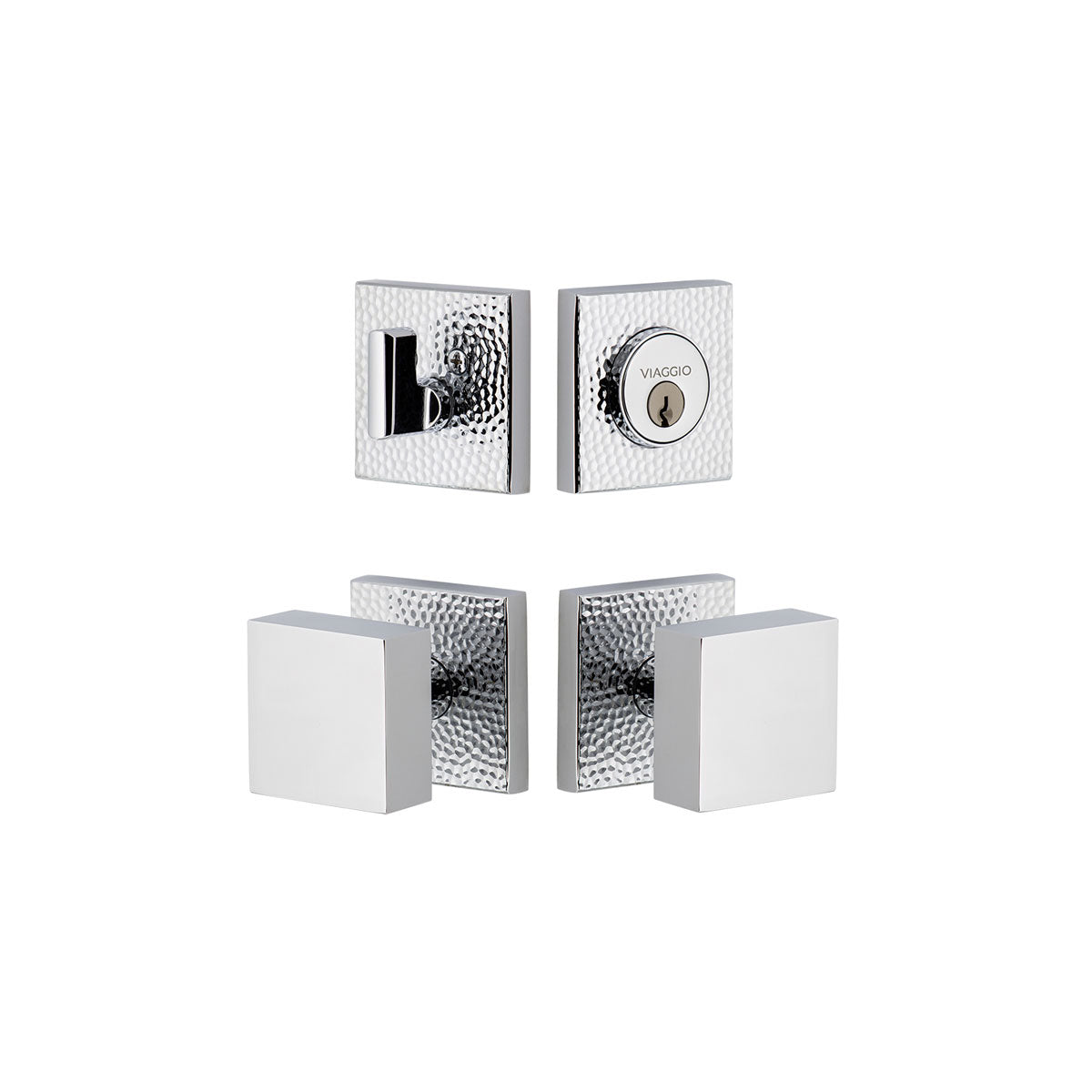 Quadrato Hammered Rosette Entry Set with Quadrato Knob in Bright Chrome