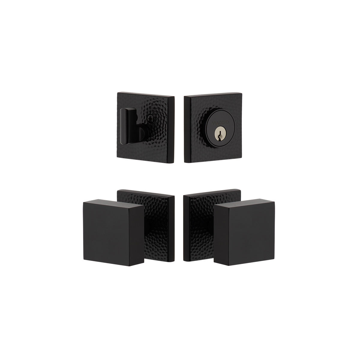 Quadrato Hammered Rosette Entry Set with Quadrato Knob in Satin Black