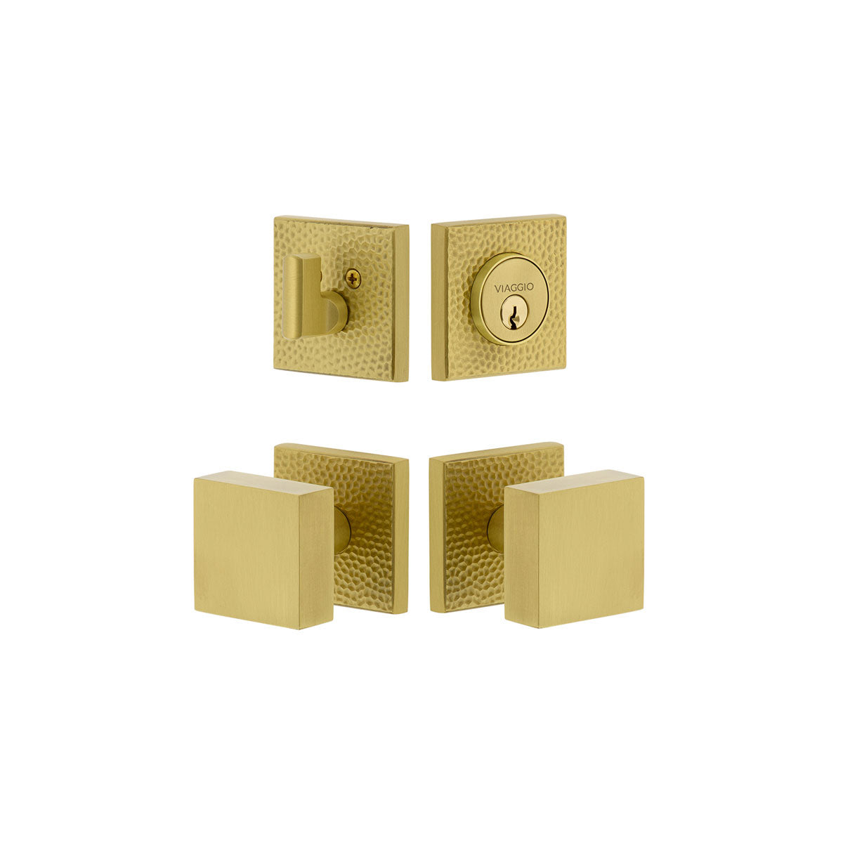 Quadrato Hammered Rosette Entry Set with Quadrato Knob in Satin Brass