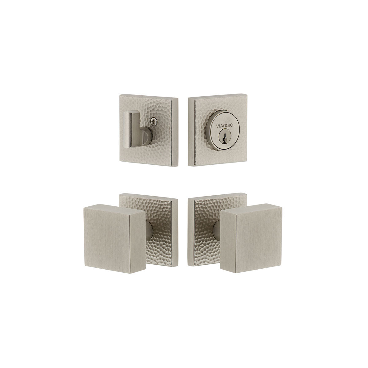 Quadrato Hammered Rosette Entry Set with Quadrato Knob in Satin Nickel