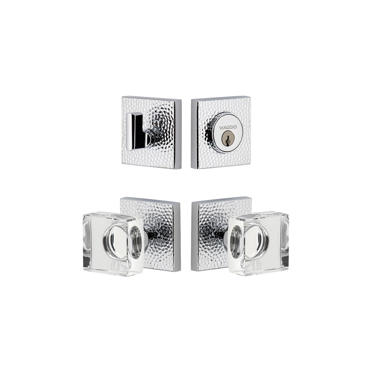 Quadrato Hammered Rosette Entry Set with Quadrato Crystal Knob in Bright Chrome