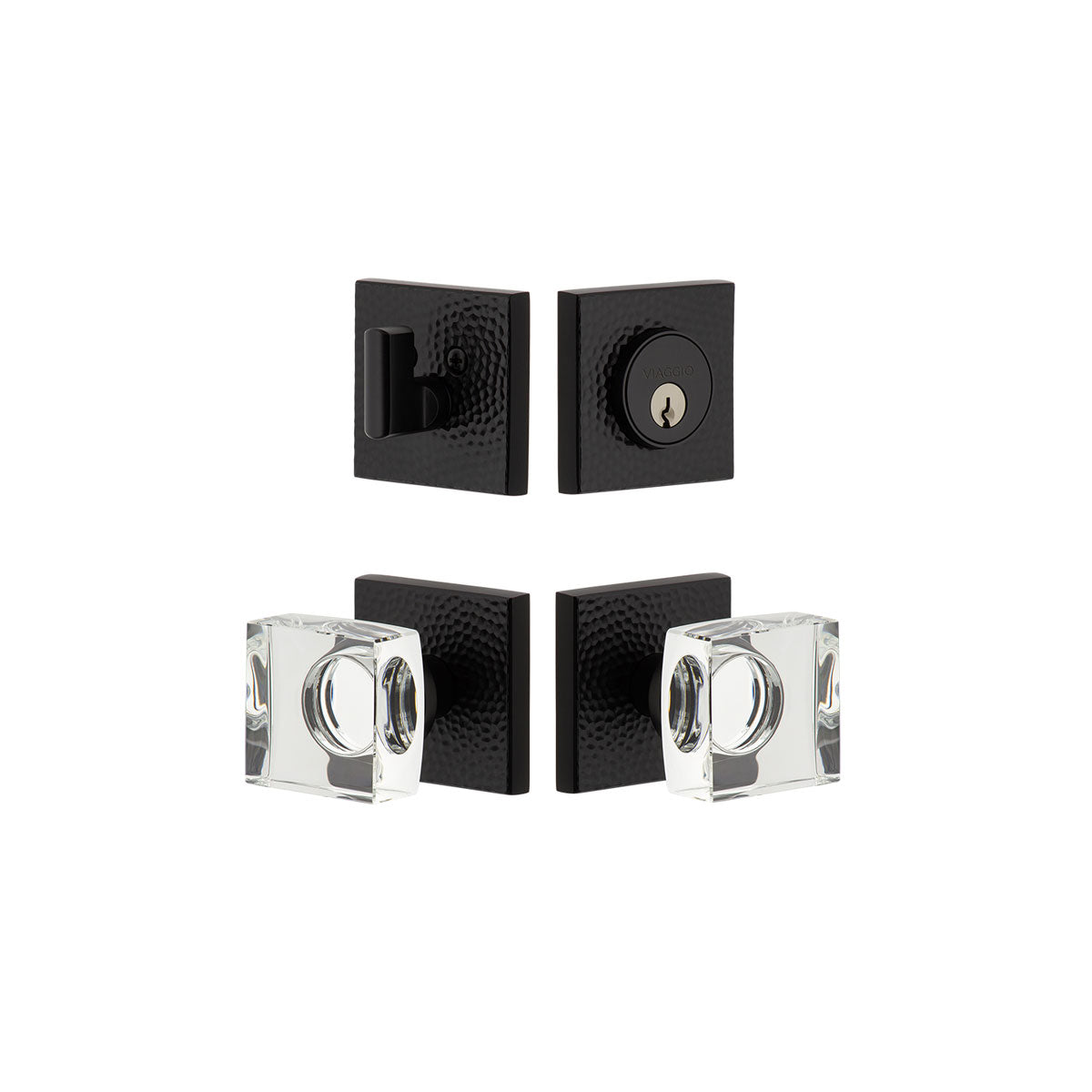 Quadrato Hammered Rosette Entry Set with Quadrato Crystal Knob in Satin Black