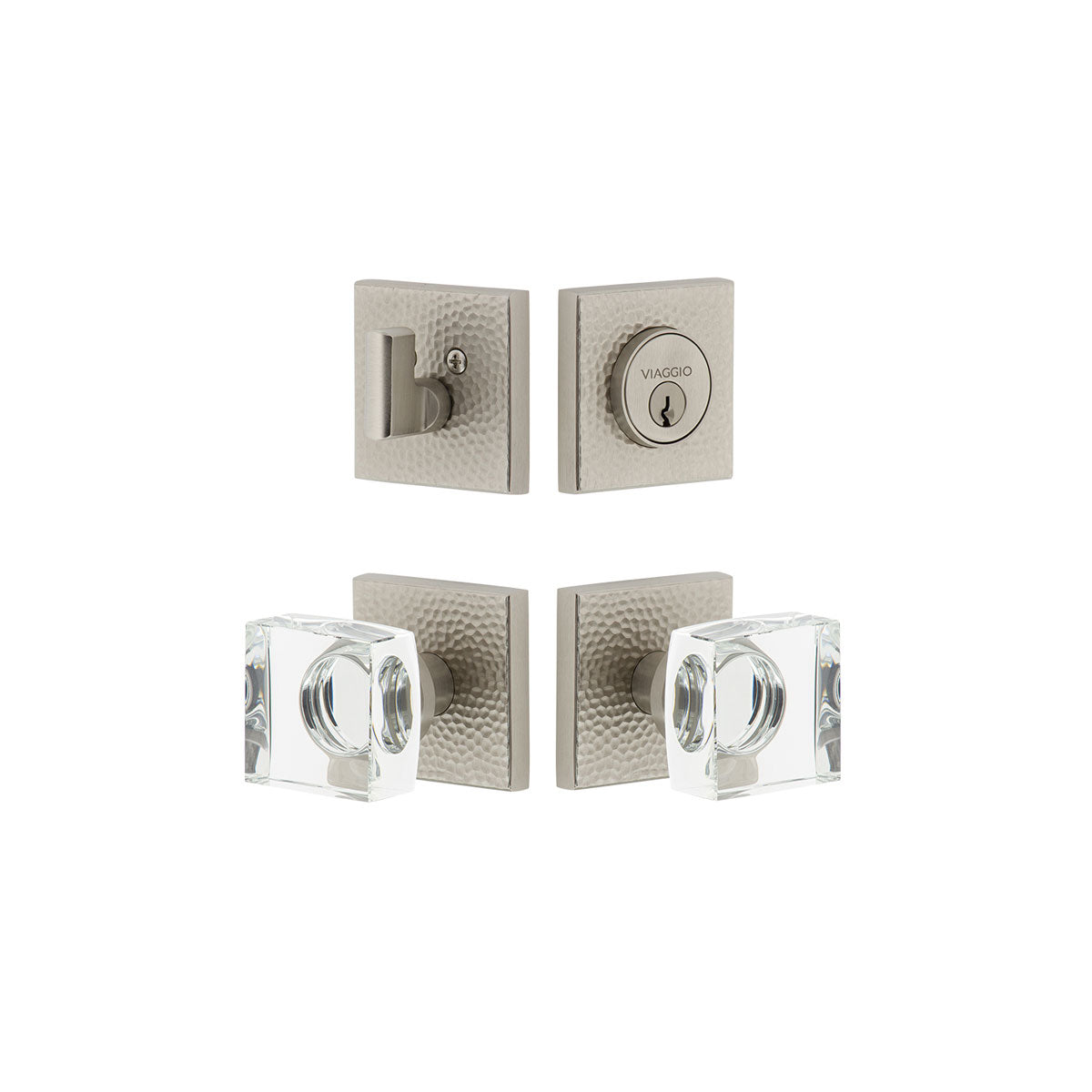 Quadrato Hammered Rosette Entry Set with Quadrato Crystal Knob in Satin Nickel