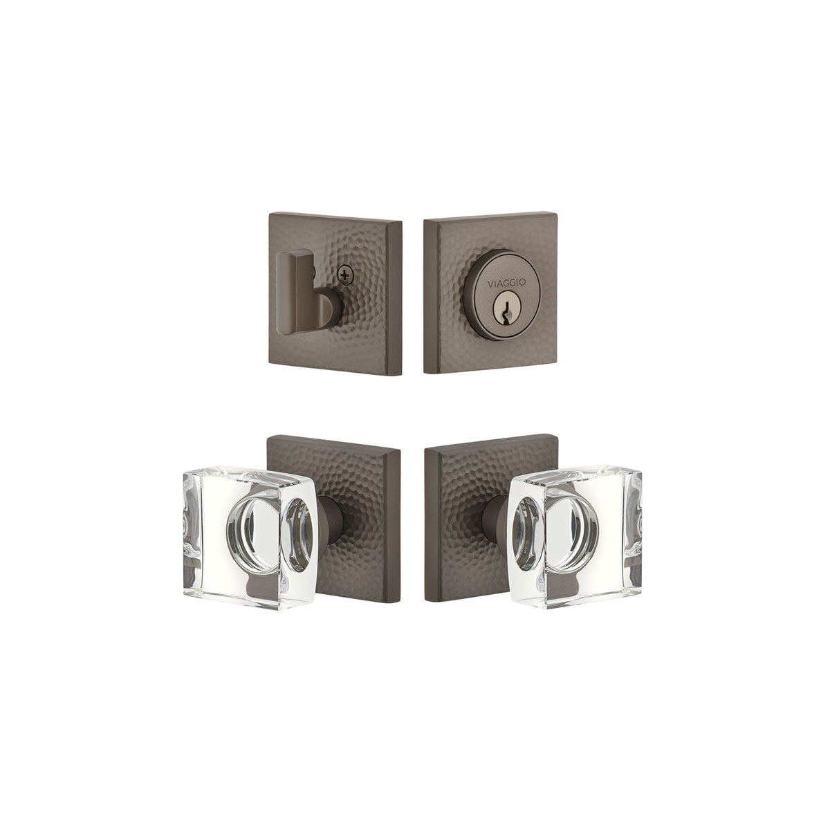 Quadrato Hammered Rosette Entry Set with Quadrato Crystal Knob in Titanium Gray