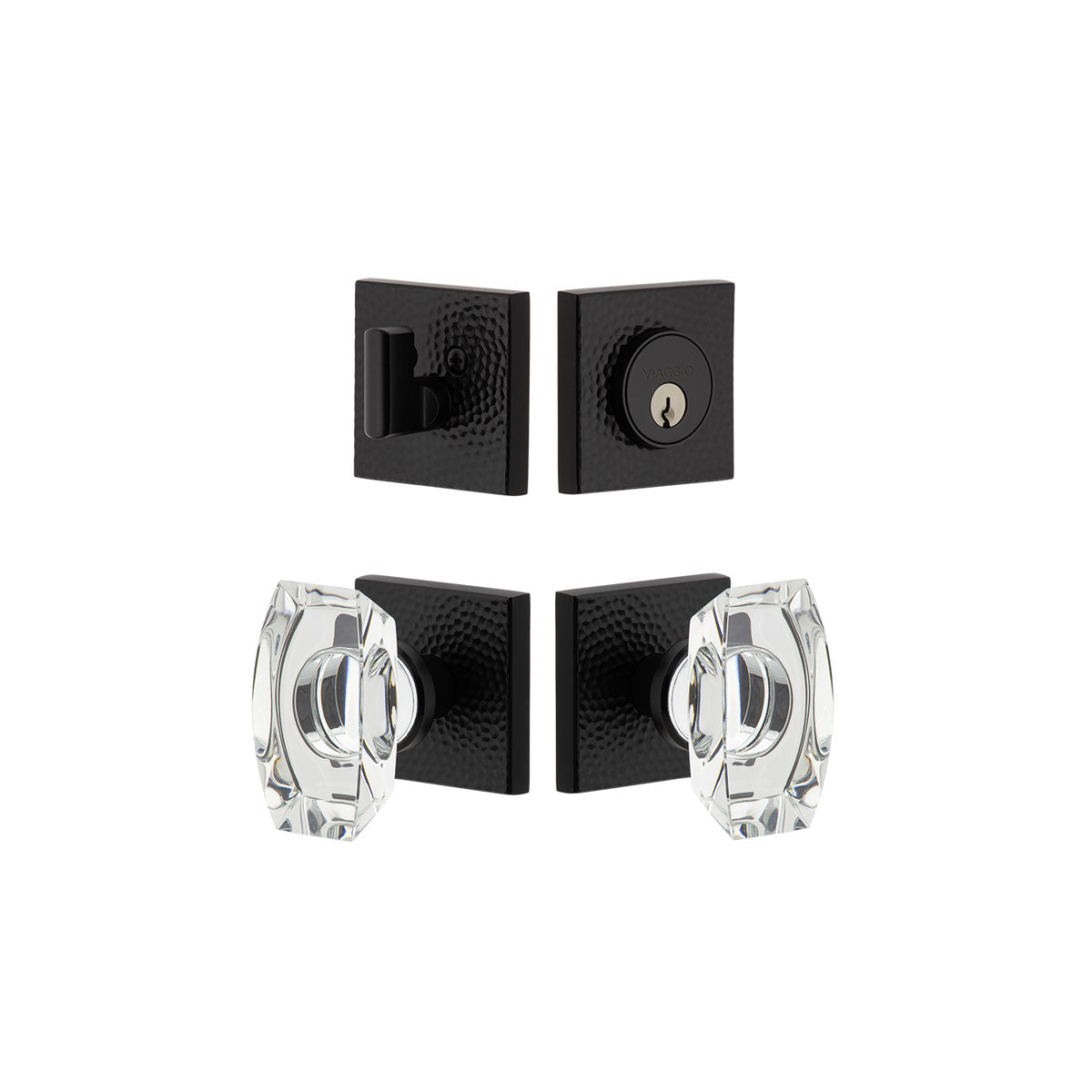 Quadrato Hammered Rosette Entry Set with Stella Knob in Satin Black