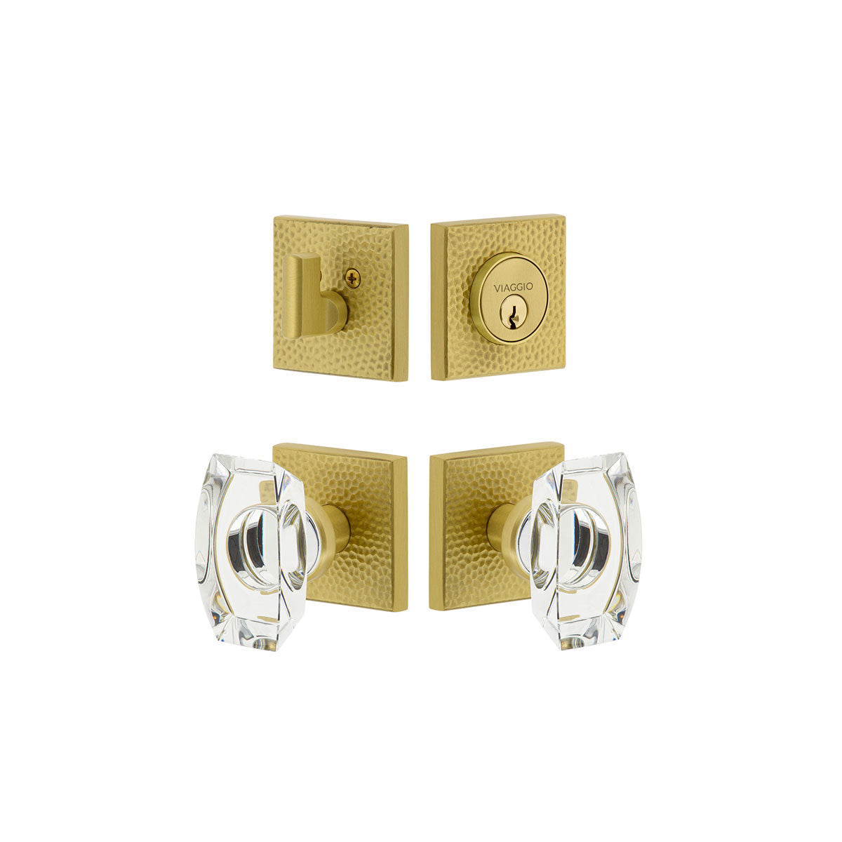 Quadrato Hammered Rosette Entry Set with Stella Knob in Satin Brass