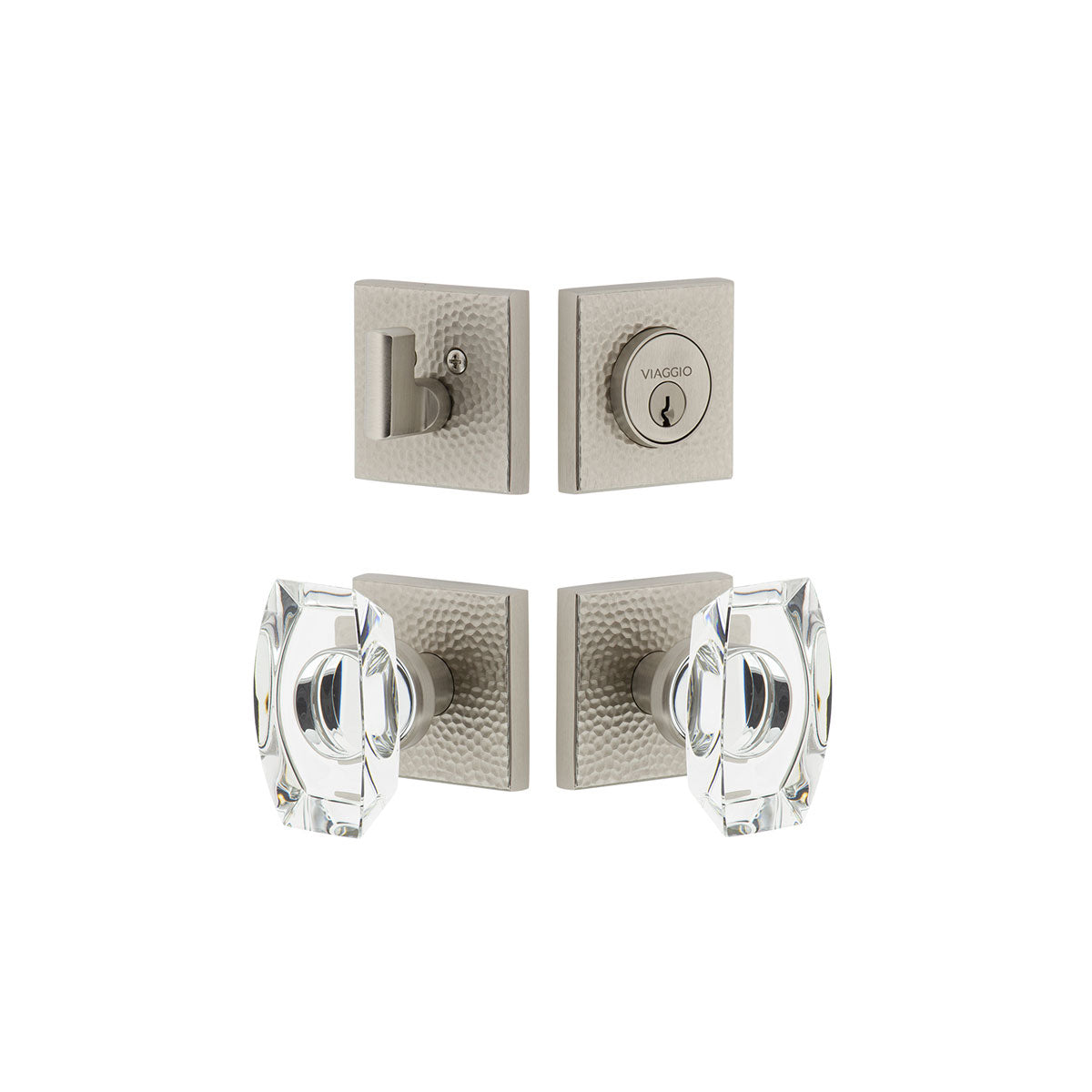 Quadrato Hammered Rosette Entry Set with Stella Knob in Satin Nickel