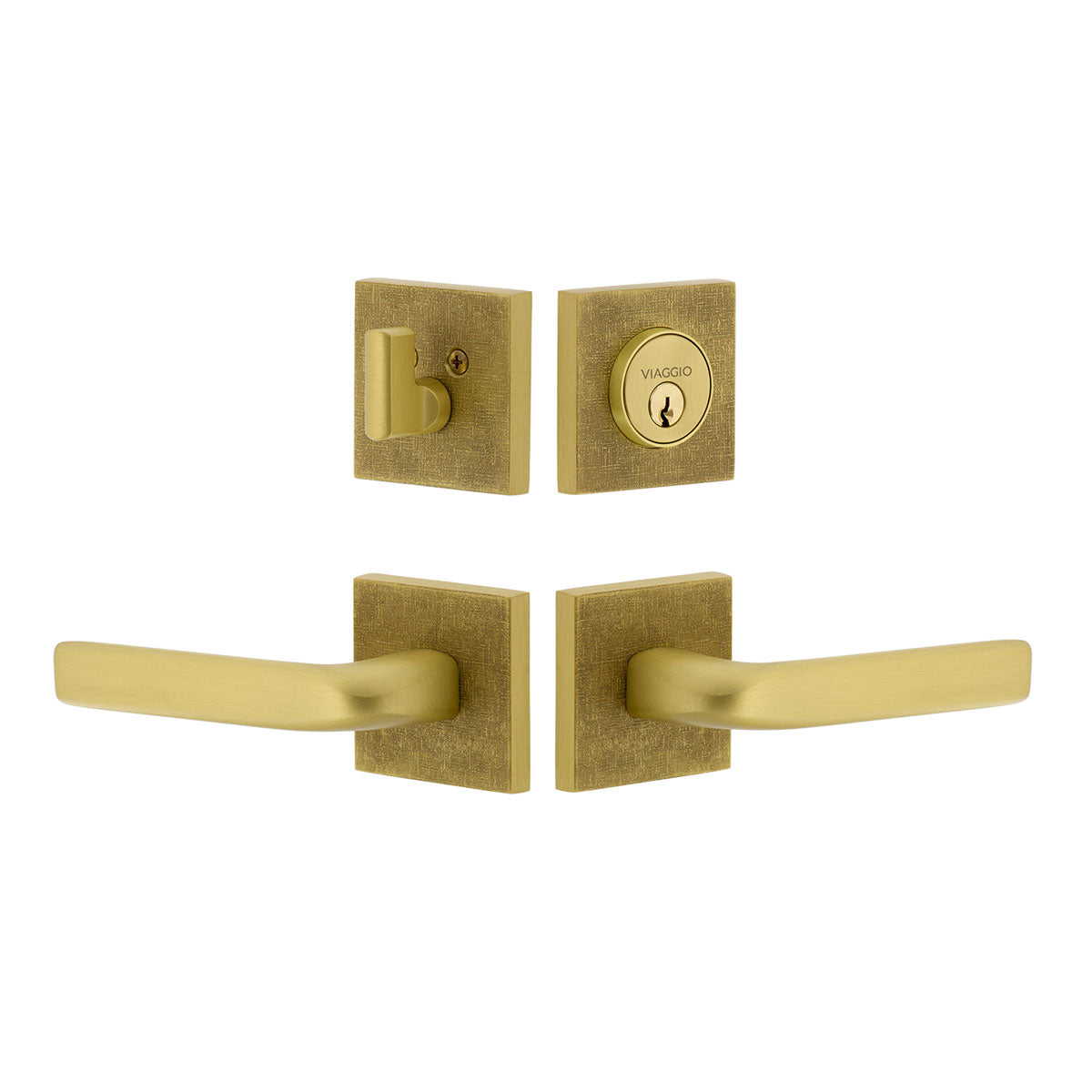 Quadrato Linen Rosette Entry Set with Bella Lever in Satin Brass