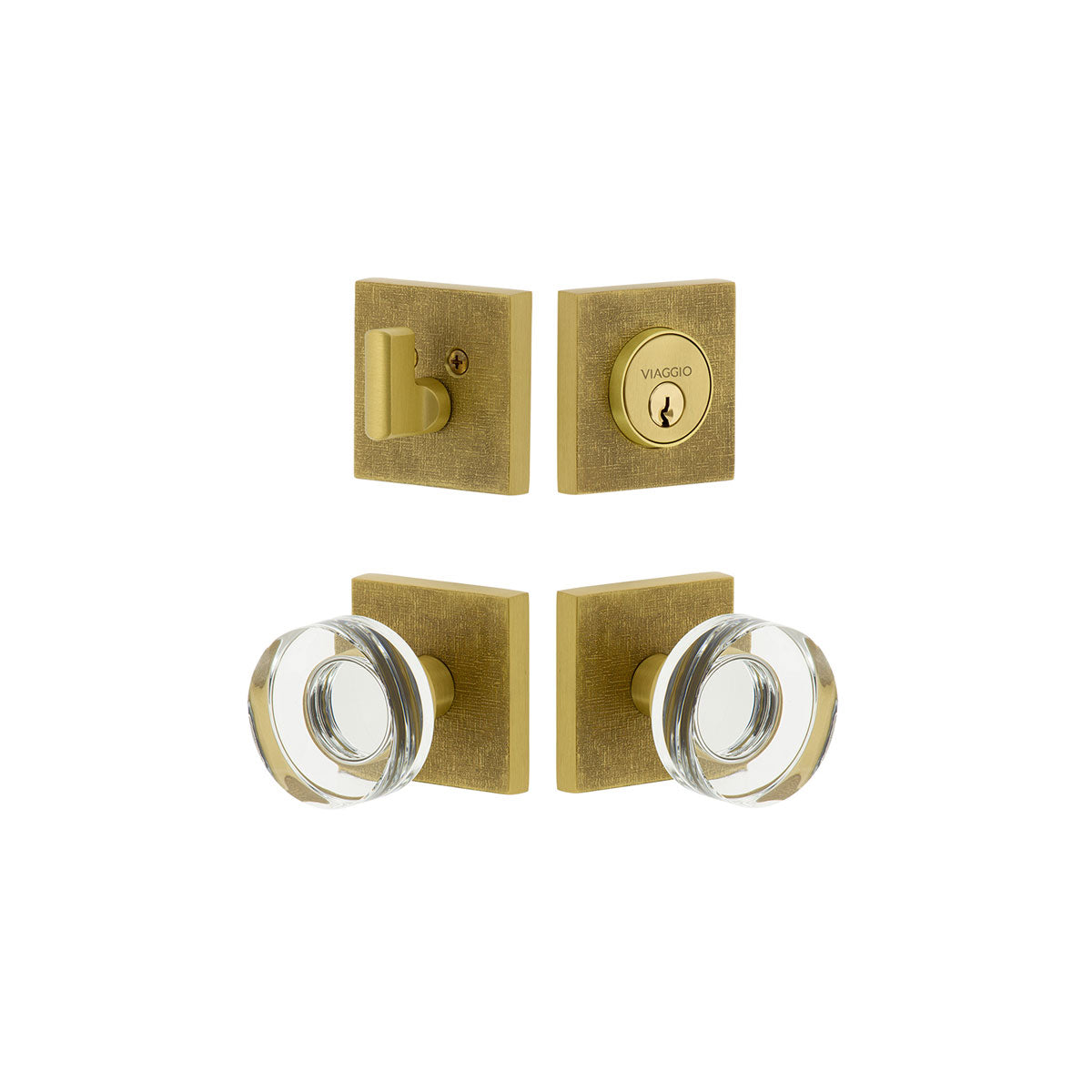 Quadrato Linen Rosette Entry Set with Circolo Crystal Knob in Satin Brass