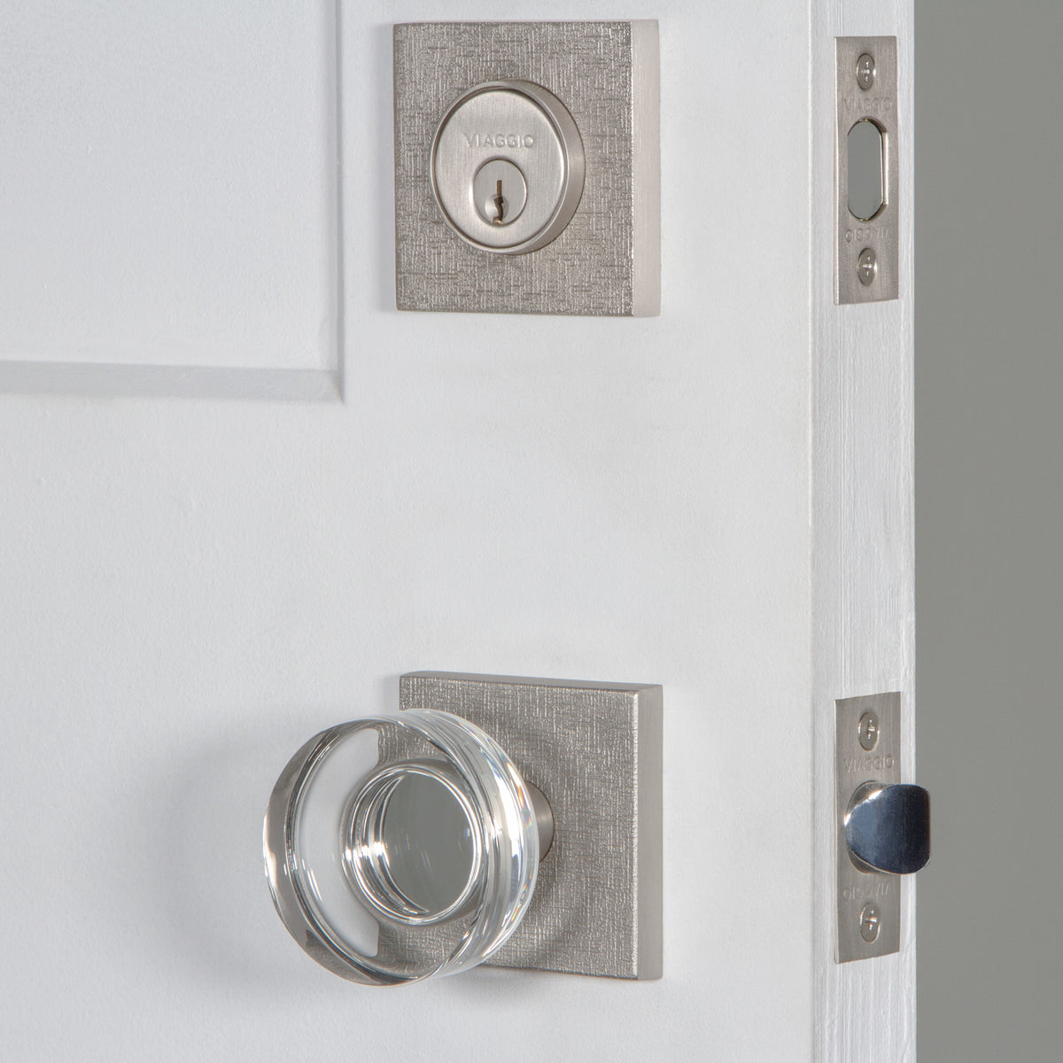 Quadrato Linen Rosette Entry Set with Circolo Crystal Knob in Satin Nickel