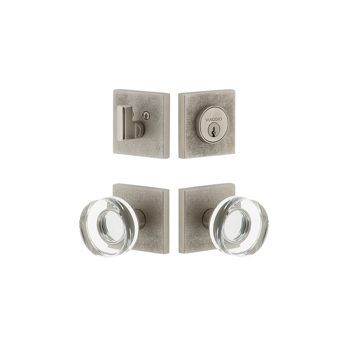 Quadrato Linen Rosette Entry Set with Circolo Crystal Knob in Satin Nickel