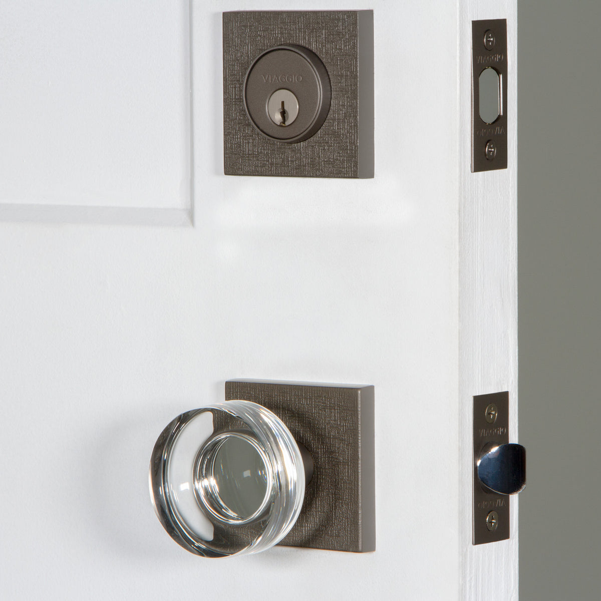 Quadrato Linen Rosette Entry Set with Circolo Crystal Knob in Titanium Gray