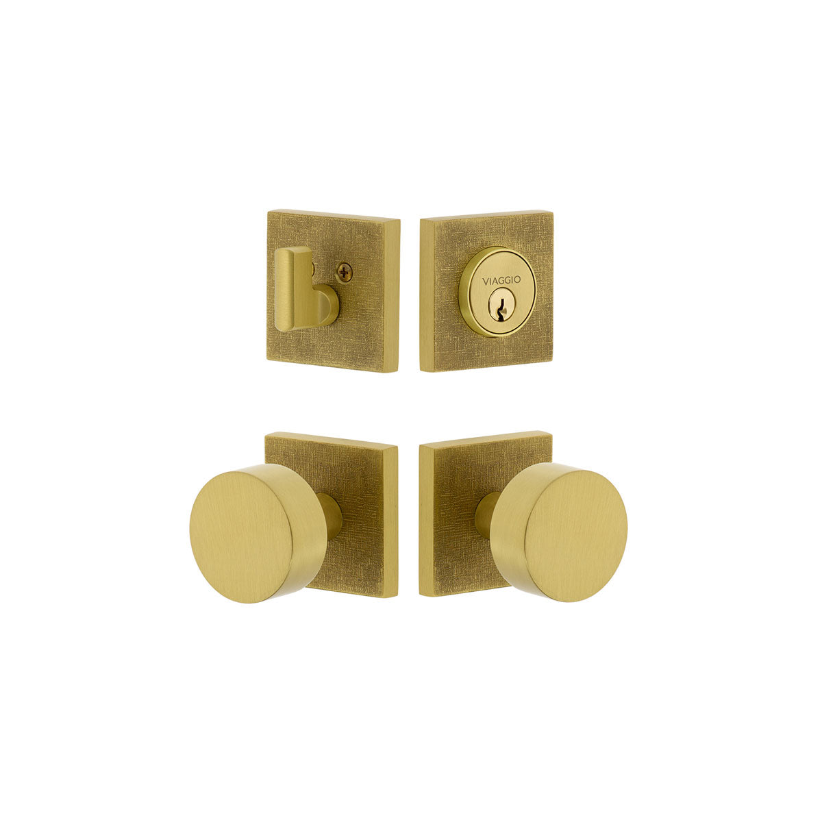 Quadrato Linen Rosette Entry Set with Circolo Knob in Satin Brass