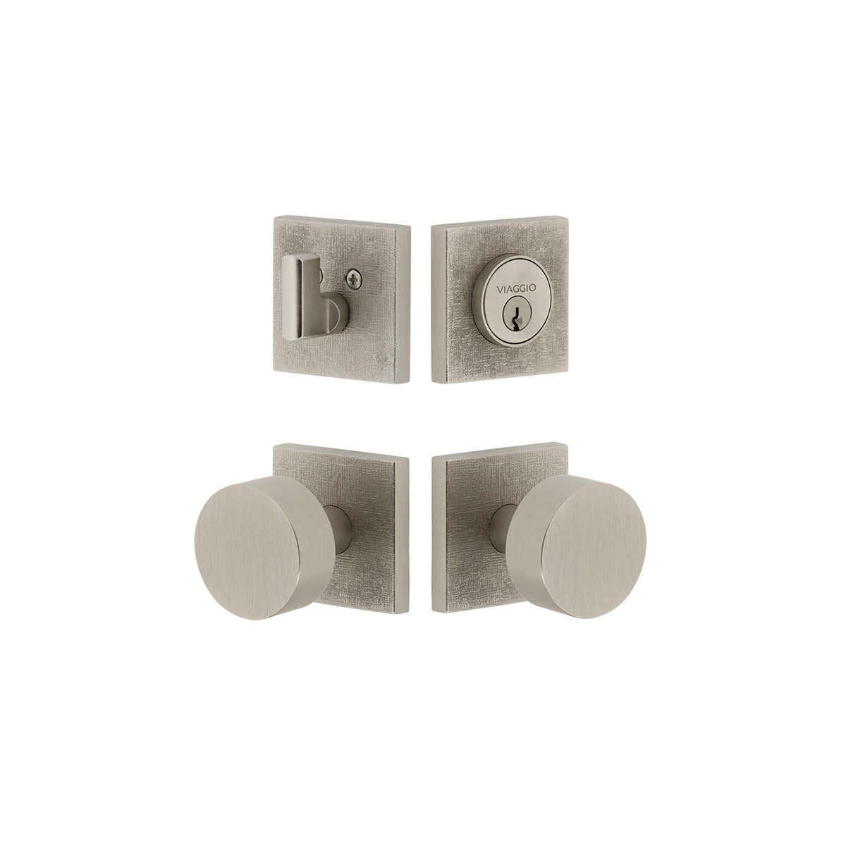 Quadrato Linen Rosette Entry Set with Circolo Knob in Satin Nickel