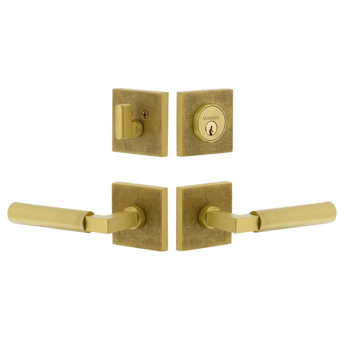 Quadrato Linen Rosette Entry Set with Contempo Lever in Satin Brass