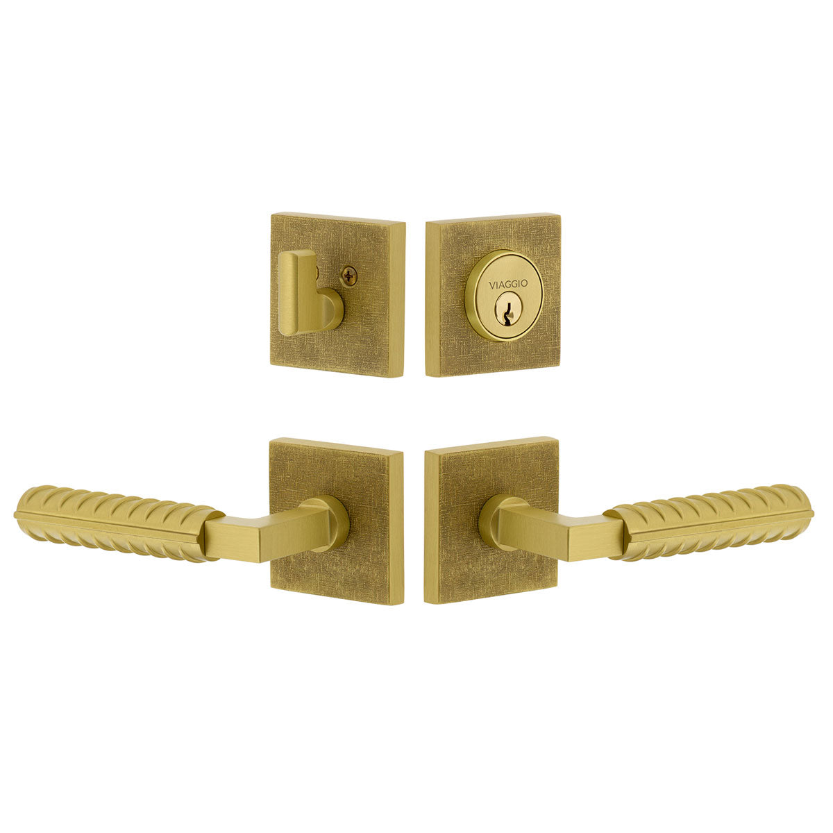 Quadrato Linen Rosette Entry Set with Contempo Rebar Lever in Satin Brass